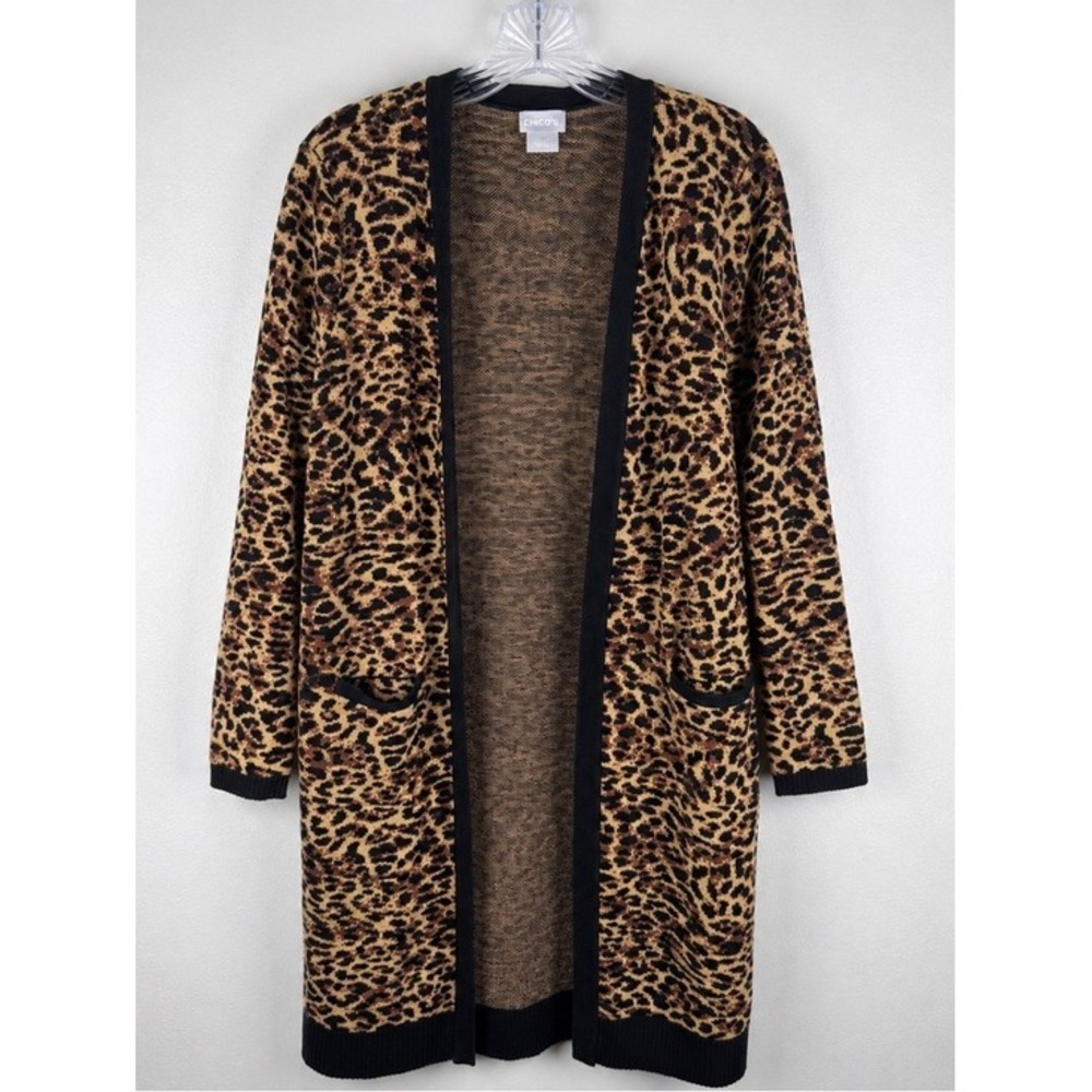 Chico's Leopard Print Duster Cardigan Sweater Animal Print Chic Size Medium